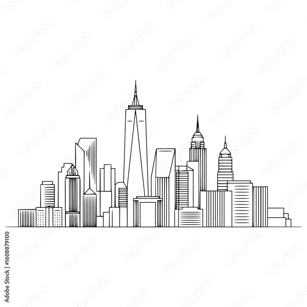 Obraz premium City skyline illustration in minimalist style, isolated vector image on transparent background, line drawing