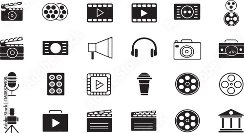 Black and White Film Production Icons: Movie Clapper, Camera, Film Reel, Microphone, Headphones, and Megaphone Vector Graphics Set