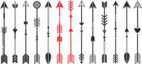 Boho Arrow Collection: Tribal Arrow Vectors, Native American Arrow Clipart, Decorative Arrow Designs, Hand Drawn Arrows, Red and Black Arrows