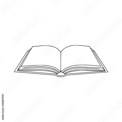 Open book illustration in black outline style, isolated vector image on transparent background, line drawing