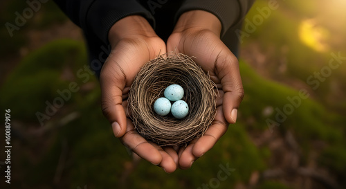 Hands holding bird nest with three small blue eggs, new life, hope, and protection