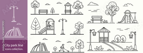 city park line icons collection. thin outline icon.