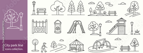 city park line icons collection. thin outline icon.