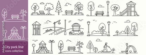 city park line icons collection. thin outline icon.