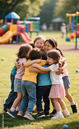 A diverse group of happy children share a warm group hug, celebrating friendship and unity on a sunny day at a playground.