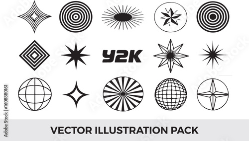 Y2K Vector Illustration Pack: Retro Graphic Elements, Stars, Circles, Globes, Geometric Shapes, 2000s Aesthetic, Black and White Design