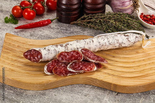 Tableau sur toile Spanish dry Fuet sausages snack