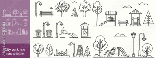 city park line icons collection. thin outline icon.