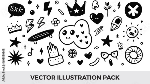 Doodle Vector Illustration Pack: Hand-Drawn Stickers, Crowns, Hearts, Skateboards, Stars, Lightning Bolts, and Cute Kawaii Elements