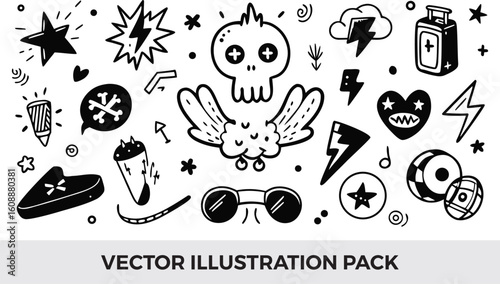 Vector Illustration Pack: Hand-Drawn Doodle Art with Skull, Lightning Bolts, Stars, and Trendy Graphic Elements for Design Projects