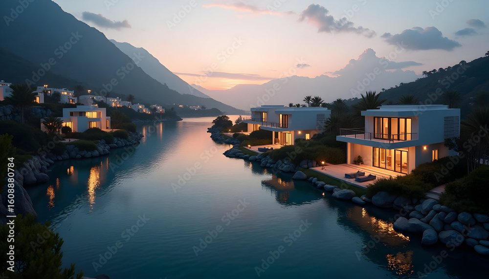 Fototapeta premium Modern waterfront villas nestled amidst majestic mountains at twilight creating a serene view