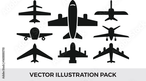 Airplane Silhouette Vector Pack: Aviation Icons, Aircraft Clip Art, Jet Plane Graphics, Transportation Design Elements, Black and White Art