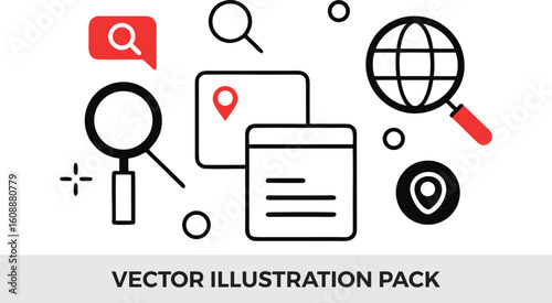Vector Illustration Pack: Search Engine Optimization, Global SEO, Local SEO, Magnifying Glass, Globe, Map Pin, Modern Line Art