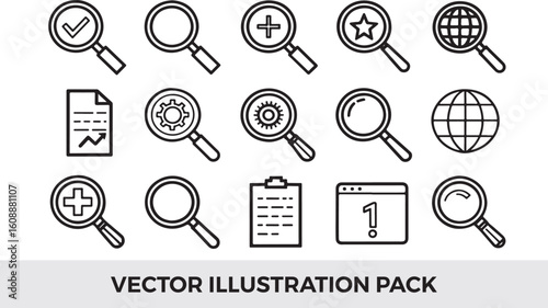 Vector Illustration Pack: Search Magnifying Glass Icons Set, Globe, Checklist, Document, Star, Plus Sign, Gear, Outline Style Graphics