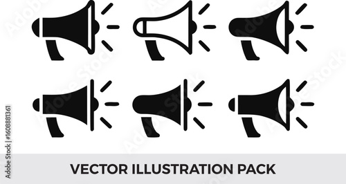 Megaphone Icon Vector Illustration Pack: Loudspeaker Symbol Set in Black Silhouette for Announcement, Promotion, and Alert Design