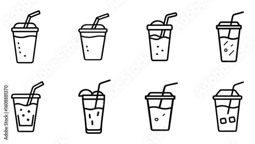 A collection of 8 refreshing drink icons in minimal black-and-white line style, featuring various cup shapes, straws, and elements like ice cubes, bubbles, and toppings—perfect for beverage branding, 