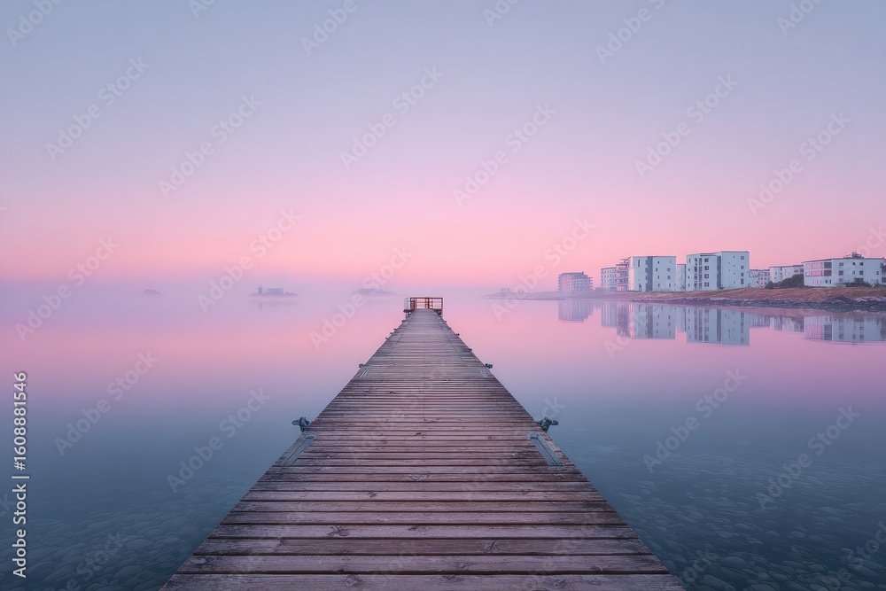 Fototapeta premium Peaceful wooden pier extending into a calm, misty lake at dawn, with pastel pink and purple skies reflecting on the water