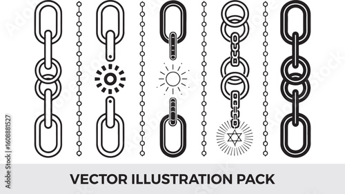 Vector Illustration Pack: Chain Links, Decorative Elements, Sunbursts, Star of David - Black and White Line Art Graphics for Design Projects