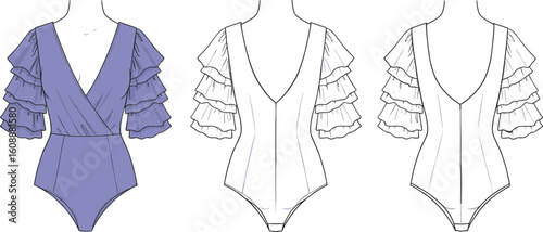 Activewear fashion sketch, sports bra front and back, flared pants vector, fitness clothing design, workout set, technical drawing, gym wear flat vector illustration