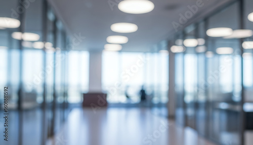 Artistic blur of a contemporary office showing circular pendant lights, clean floors, and quiet atmosphere with high windows.