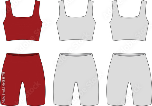 Activewear flat sketch featuring crop top and high-waisted biker shorts, front and back views, technical fashion drawing, vector illustration

 flat vector illustration