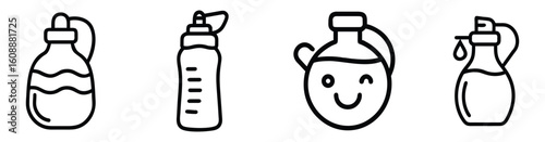 A collection of four cute line-style potion or bottle icons, each with unique shapes and minimalistic design, perfect for UI, games, or fantasy-themed projects.