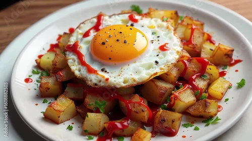 Hearty breakfast plate with fried potatoes and a sunny side up egg, garnished with ketchup and parsley footage. A delicious and satisfying morning meal or brunch.