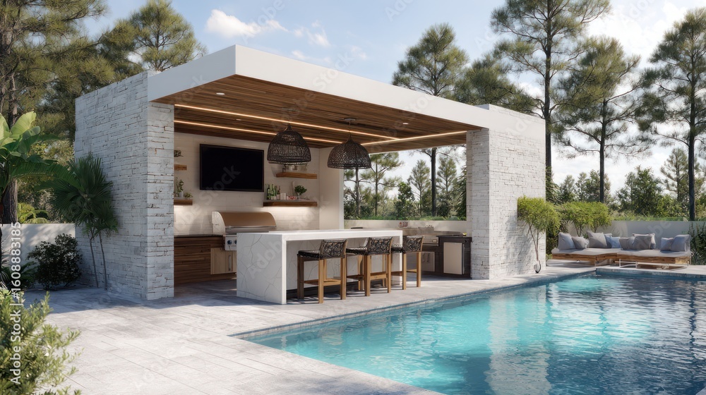 Fototapeta premium Outdoor kitchen area with pool, featuring bar, seating, cooking, and relaxing spot