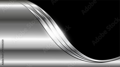 Silver black chrome metal background with shiny metallic waves.