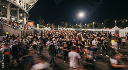 Large crowd departing from a stadium at night.