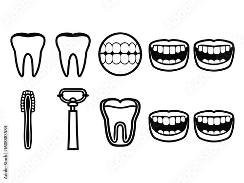 Simple black and white dental health and hygiene icons and illustrations collection.