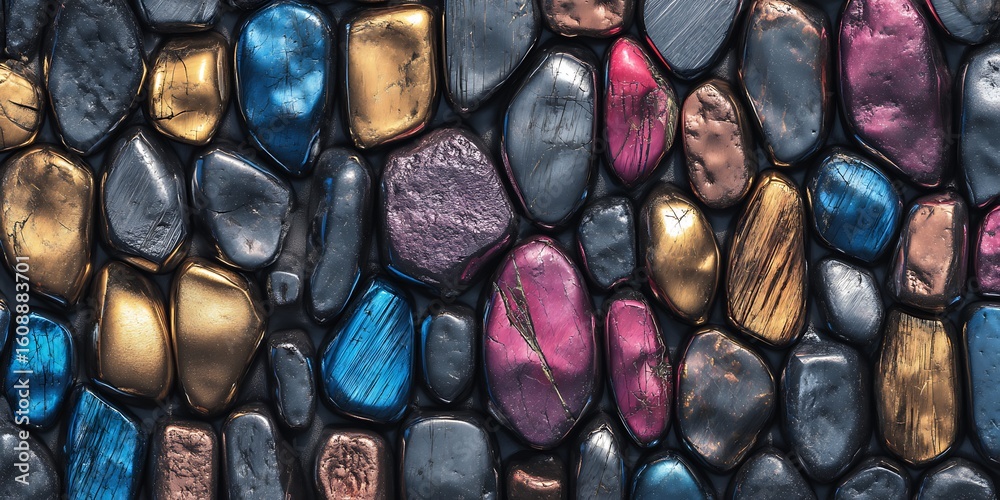 Colorful Polished Stones Mosaic Featuring Blue Gold Pink and Purple Tones in Abstract Pattern for Decorative Design Inspiration Colorful Polished Stones Mosaic Featuring Blue Gold Pink and Purple Tones in Abstract Pattern for Decorative Design Inspiration