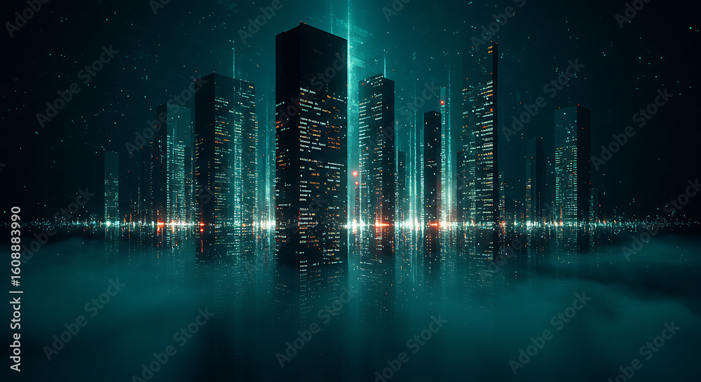 Fototapeta premium Futuristic night cityscape with glowing skyscrapers and data streams reflected in a misty, dark metropolis.