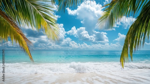 Fototapeta Naklejka Na Ścianę i Meble -  Summer tropical sea and palm leaves