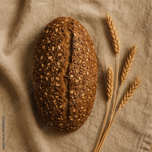 Flat lay of multigrain bread with seeds on linen cloth and wheat stalks