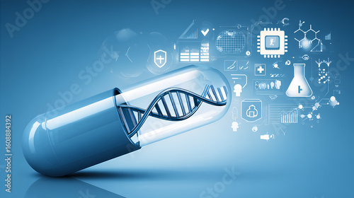 DNA capsule and biotech icons on blue gradient, perfect for health tech, genomics and AI drug design