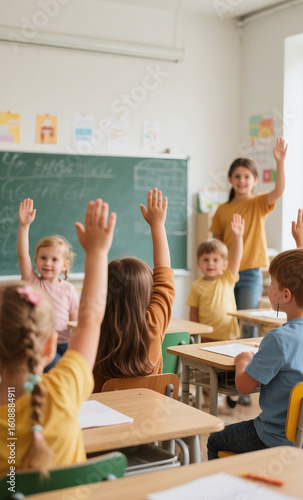A group of enthusiastic elementary school students raising their hands to participate in a class lesson