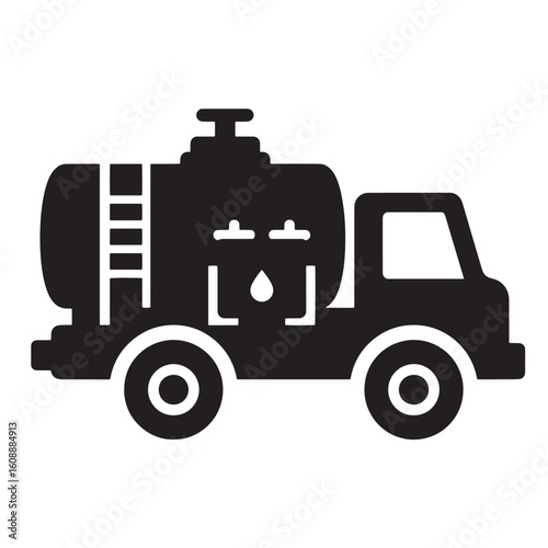Black silhouette illustration of a fuel tanker truck transporting liquid substance across a landscape