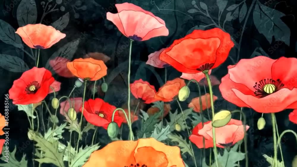 Dark Vintage Poppy Meadow Watercolor Motion Illustration