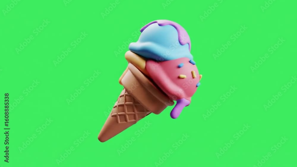Colorful melting ice cream cone on green screen background
