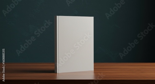 A blank white book stands on a wooden table against a dark textured wall