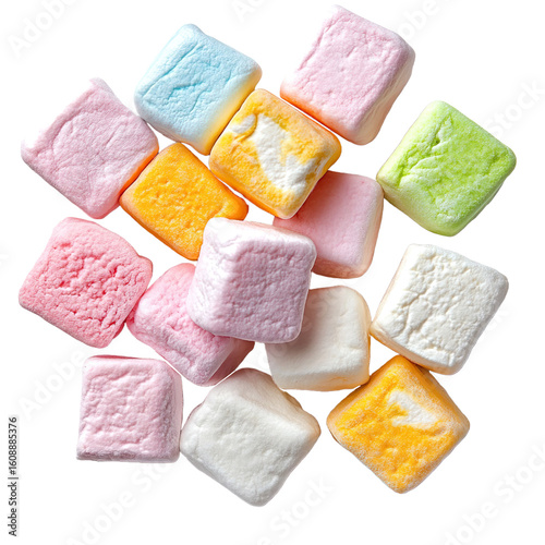 Assorted square marshmallows pile isolated on transparent background