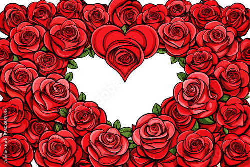 vector of Lots of red roses with free heart space for text in the center of the frame on a white background...