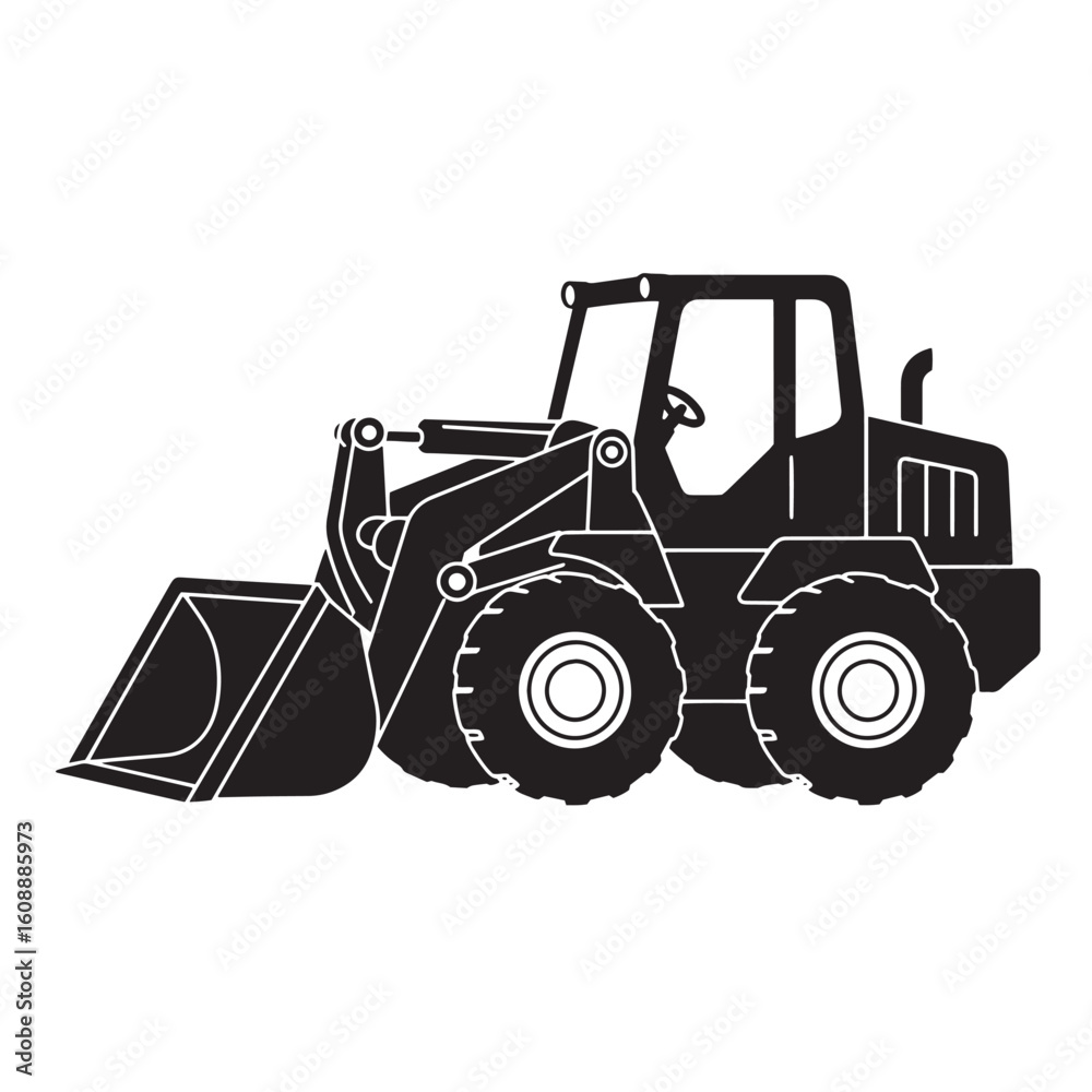 Naklejka premium Silhouette of a front end loader construction vehicle in black and white outline