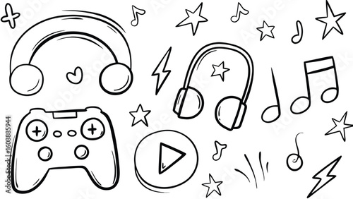 Hand Drawn Entertainment Icons – Music, Gaming & Media Doodle Set