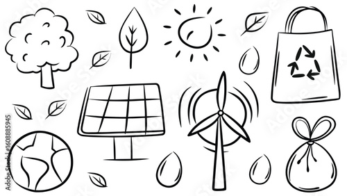 Hand Drawn Eco Icons – Sustainable Energy, Recycling, Nature & Earth Doodles