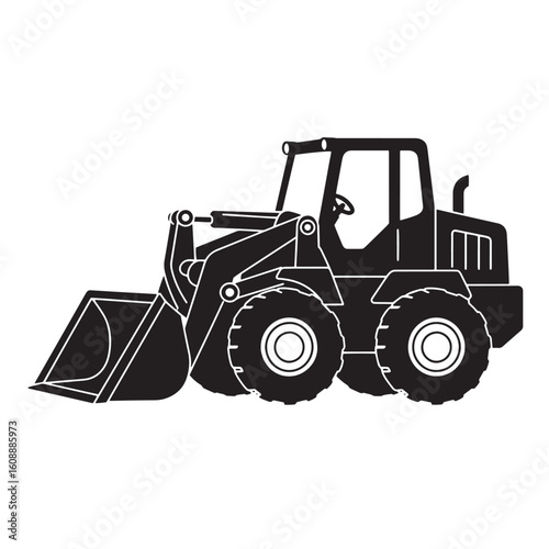 Silhouette of a front end loader construction vehicle in black and white outline
