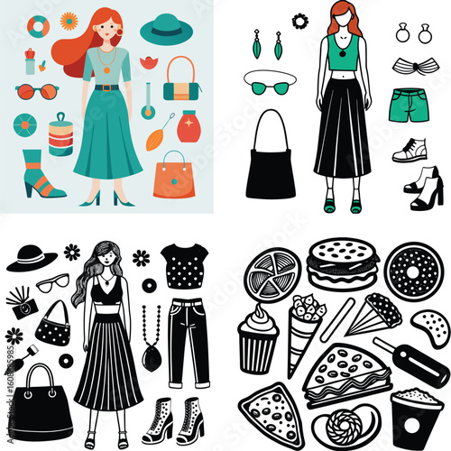 Seamless pattern set with cartoon fashion girls wearing trendy clothes, hats, and shoes