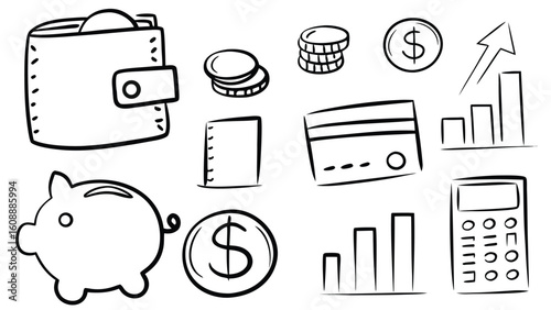 Hand Drawn Finance and Money Icons – Budgeting & Banking Doodle Set