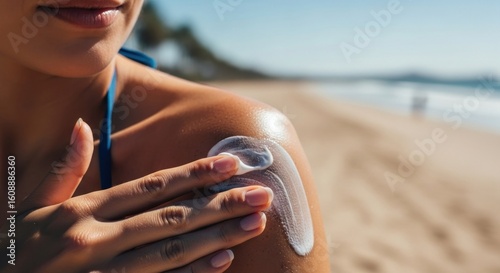 Close-up of woman applying sunscreen to shoulder at beach